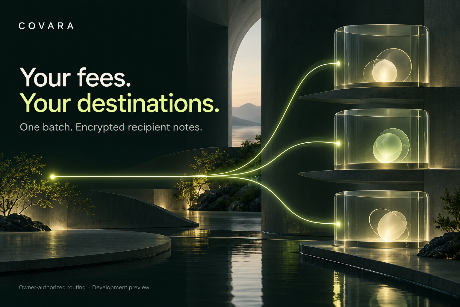 Your fees. Your destinations. One batch. Encrypted recipient notes.