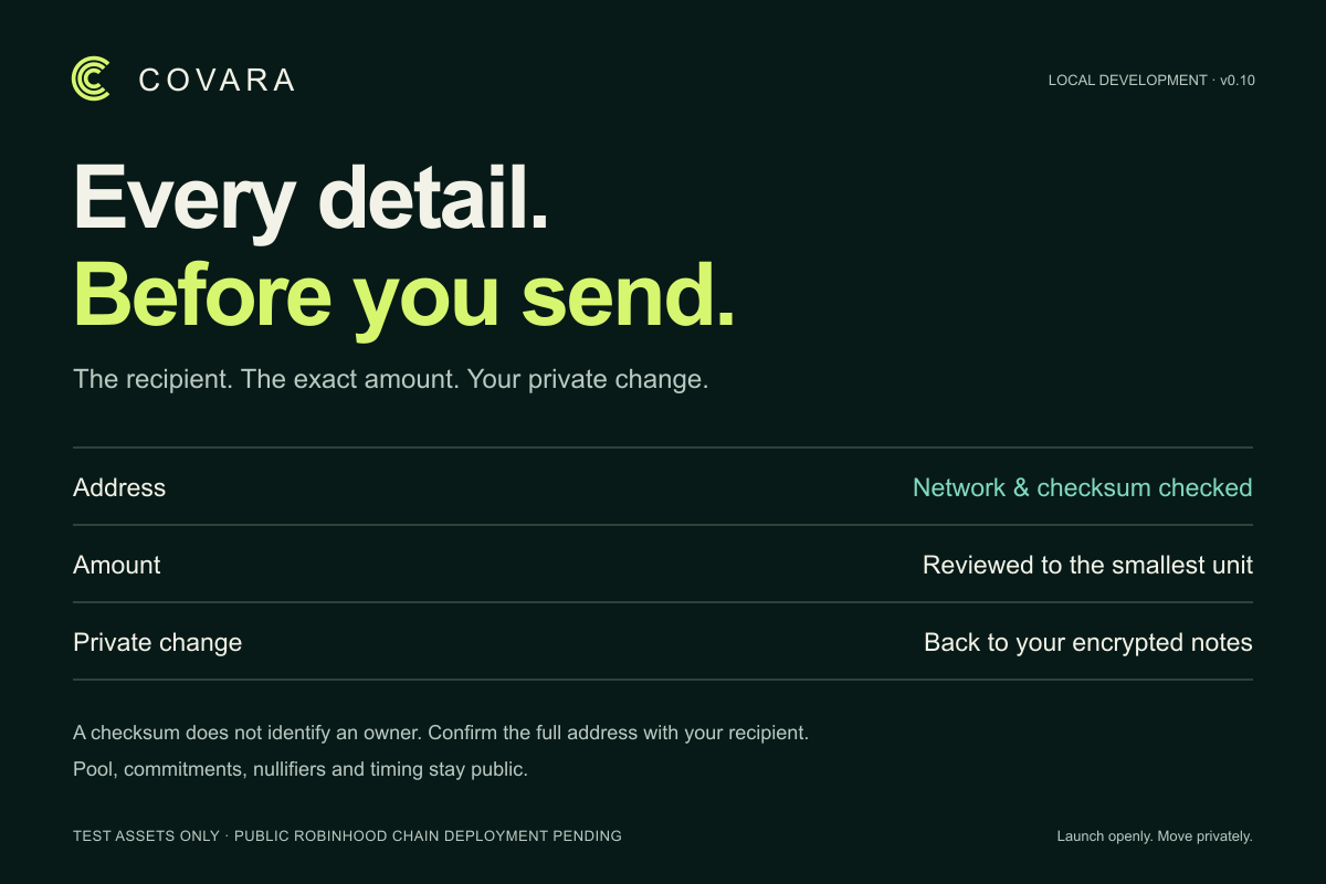 Every detail. Before you send. Exact transfer review; local test assets only.